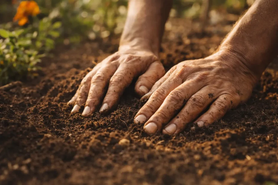 "Gartenarbeit als spiritueller Akt – Hände berühren Erde im Garten"