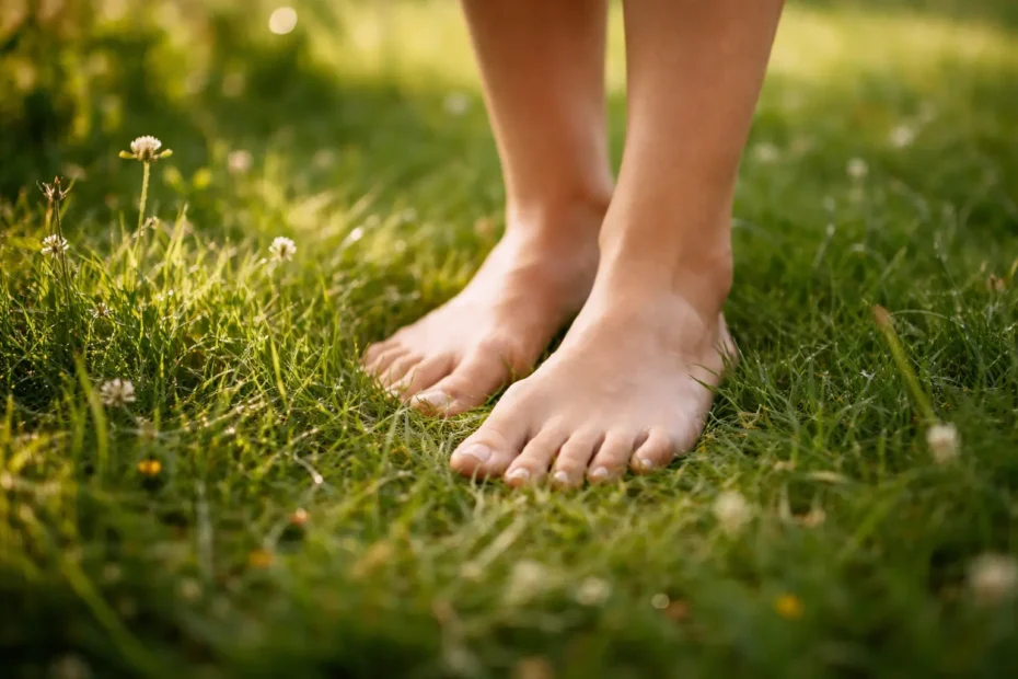 „Nackte Füße stehen barfuß im Gras – Verbindung zur Natur und Erdung im Garten.“