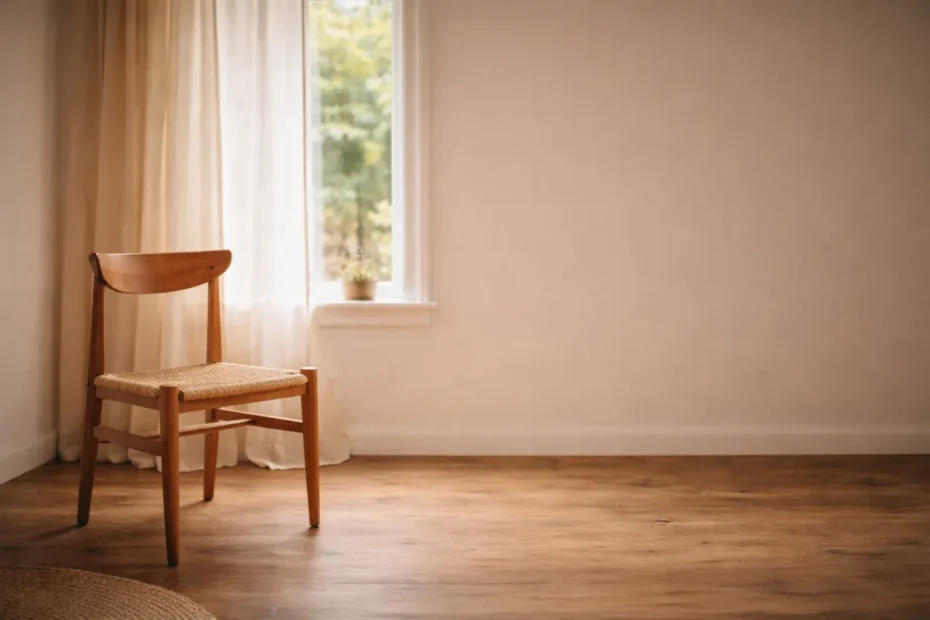 „Holzstuhl vor einem Fenster in einem hellen Raum.“