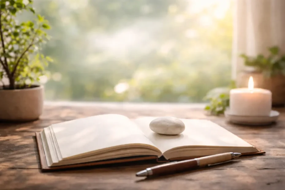 Offenes Notizbuch auf einem Holztisch im weichen Morgenlicht, daneben ein Stein, ein Stift und eine Kerze – ruhige Atmosphäre.