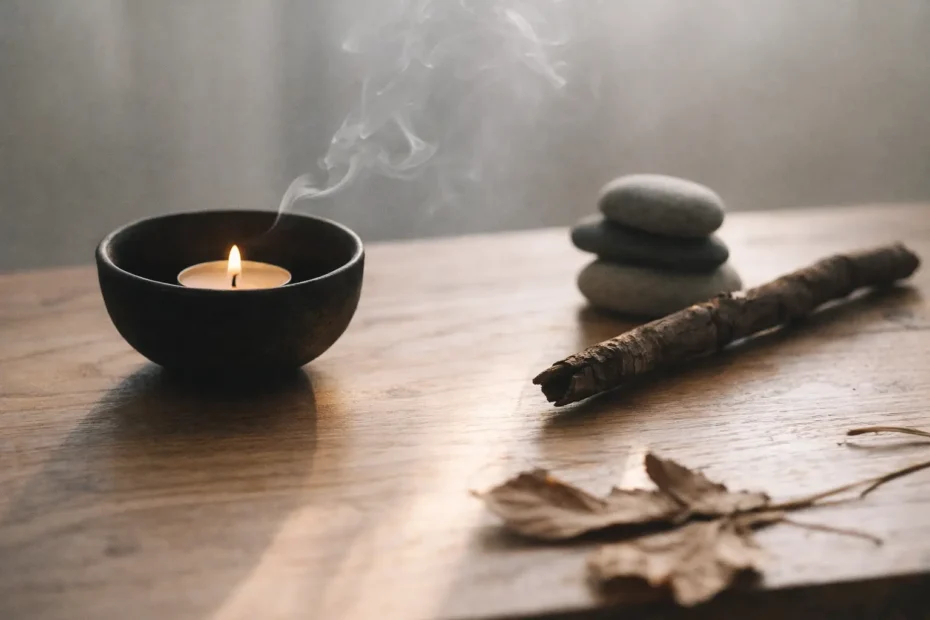 Ruhige Szene mit Kerze, Holz und Steinen als Symbol für Rituale im Alltag