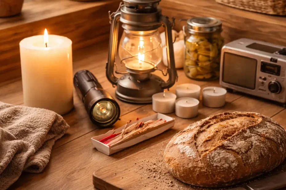 Eine Küchenarbeitsfläche mit einem selbst gebackenen Brot, Streichhölzern, Kerzen und einer Taschenlampe im warmen Tageslicht.