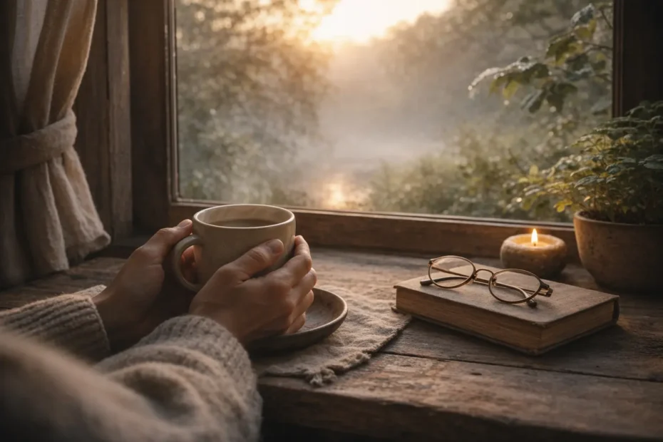 Hände halten eine warme Tasse am Fenster im weichen Morgenlicht, draußen liegt die Landschaft still.