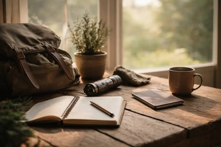 Ein Rucksack, ein Notizbuch, eine Taschenlampe und eine Tasse stehen auf einem Holztisch im warmen Tageslicht neben einem Fenster.