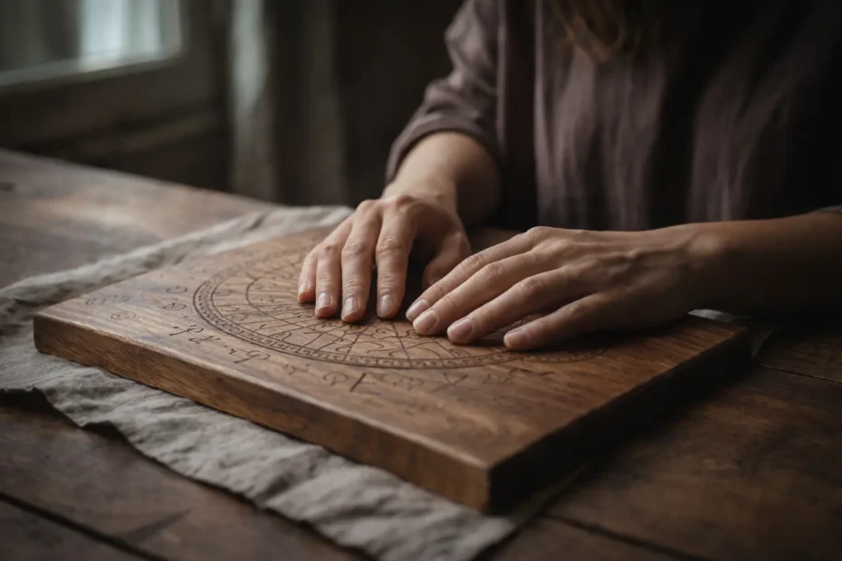 Hände ruhen auf einer gravierten Holz-Ritualtafel im warmen Licht – Symbol für Entscheidungen aus innerer Klarheit