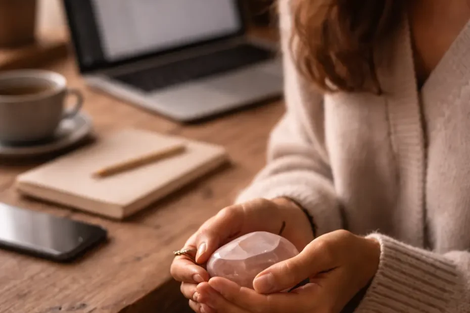 „Frau sitzt an einem Schreibtisch mit Laptop und Smartphone und hält bewusst einen Rosenquarz in den Händen – Moment der Sammlung im Alltag zwischen Routine und Ritual.“