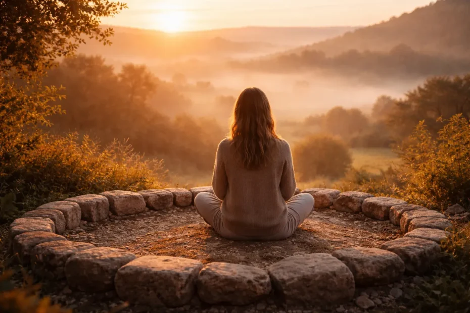 Frau sitzt ruhig in einem Steinkreis in der Natur, umgeben von warmem Morgenlicht und sanfter Landschaft, Blick in die Weite.