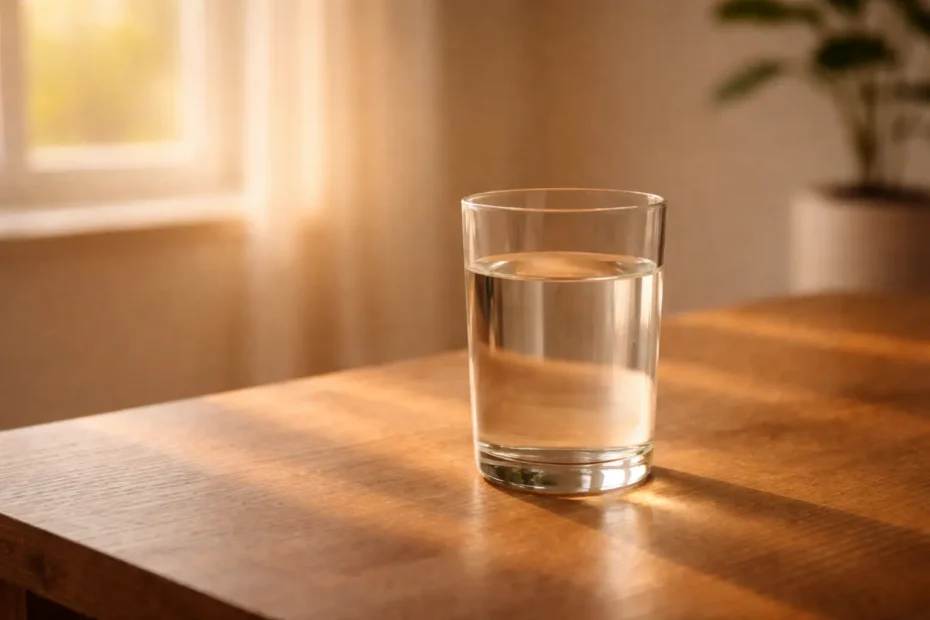 Ein Glas Wasser im warmen Morgenlicht als stilles Ritual im Alltag