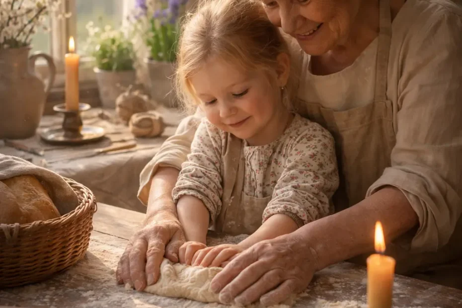 Rituale unserer Großmütter – Großmutter und Enkelin backen gemeinsam im warmen Frühlingslicht