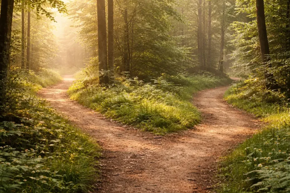 Weggabelung auf einem Waldweg im Morgenlicht – Symbol für Entscheidungen und Selbstverantwortung