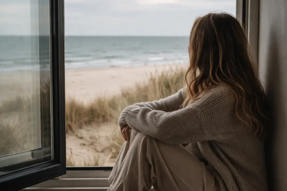 Frau sitzt am offenen Fenster und blickt auf das Meer – innere Freiheit und ihre Grenzen
