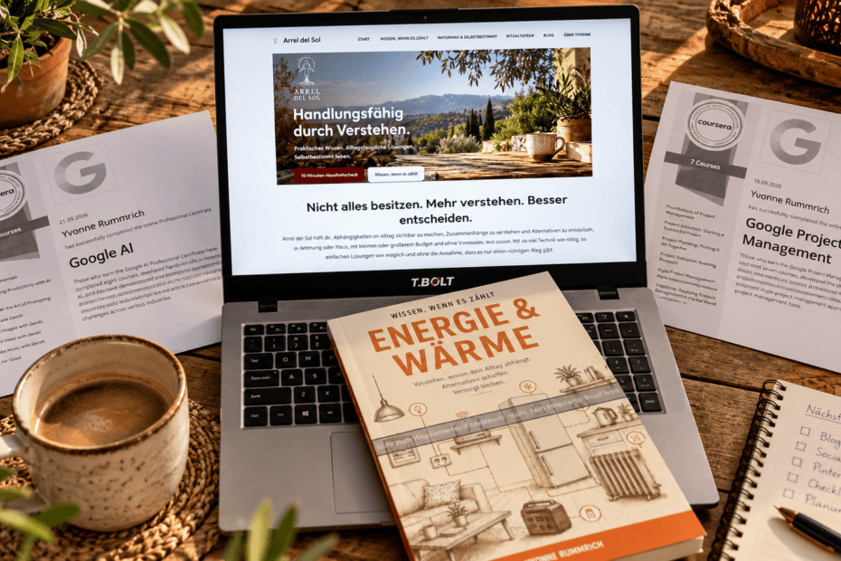 Arbeitsplatz mit Arrel del Sol auf dem Laptop, Google-Zertifikaten, dem Buch Energie & Wärme und einer Tasse Kaffee