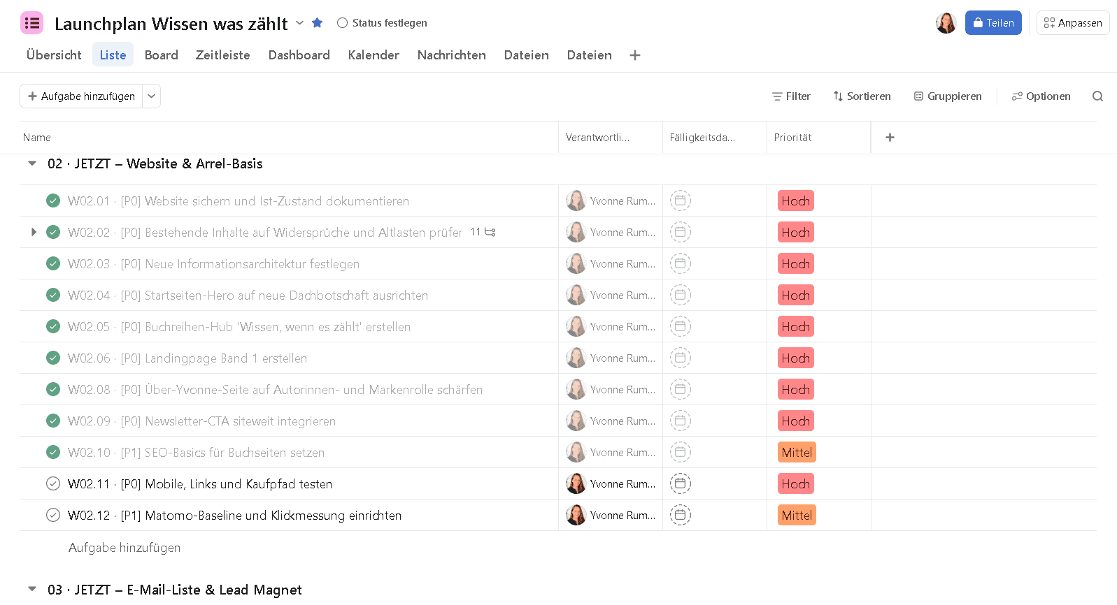 Planificación del proyecto WISSEN, WENN ES ZÄHLT en Asana con tareas de web y base de Arrel del Sol
