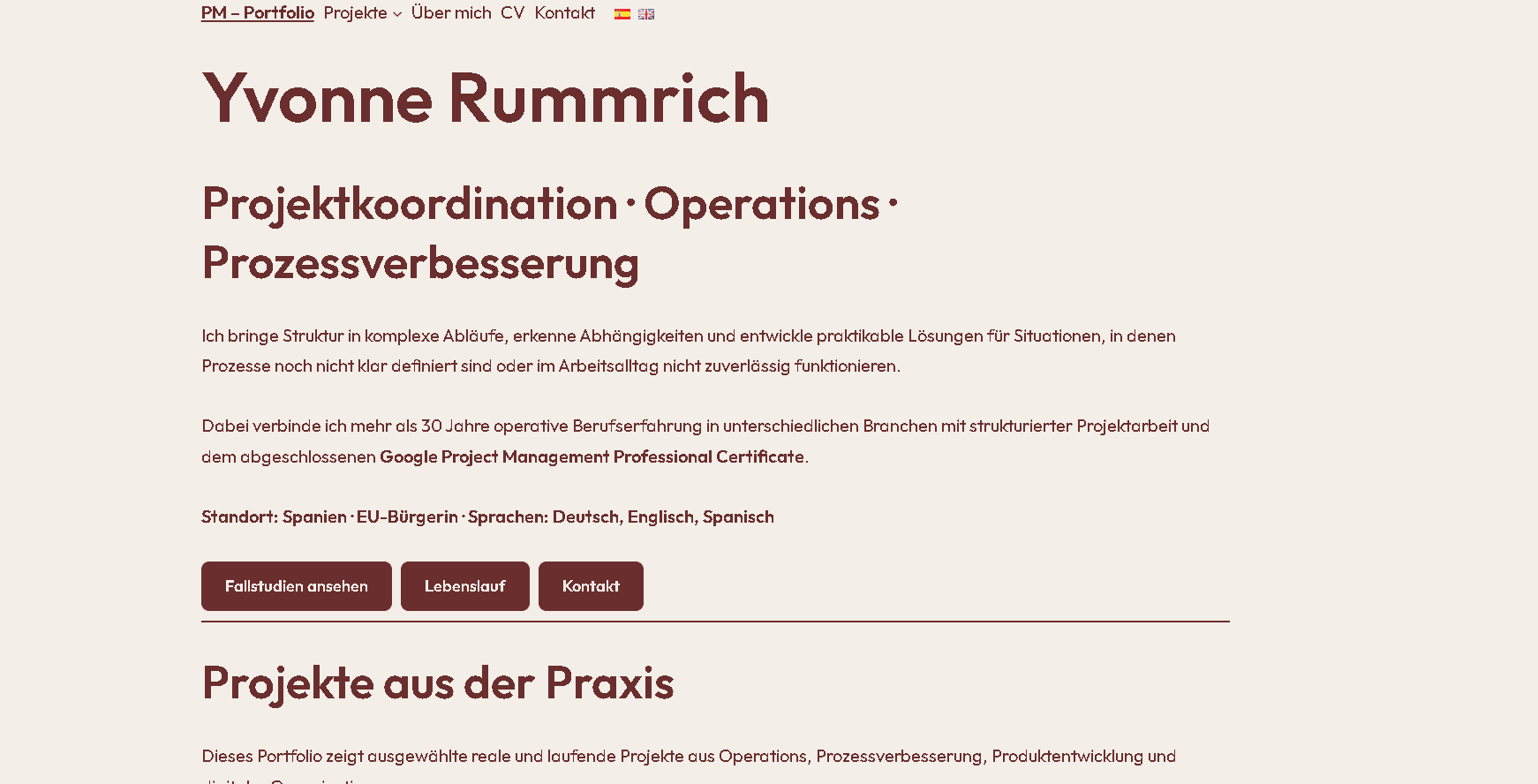 Dreisprachiges PM-Portfolio von Yvonne Rummrich mit Projektkoordination, Operations und Prozessverbesserung